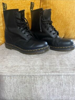 Dr. Martens Black Leather 460 8-Eye Lace-Up Boots with Yellow Stitching